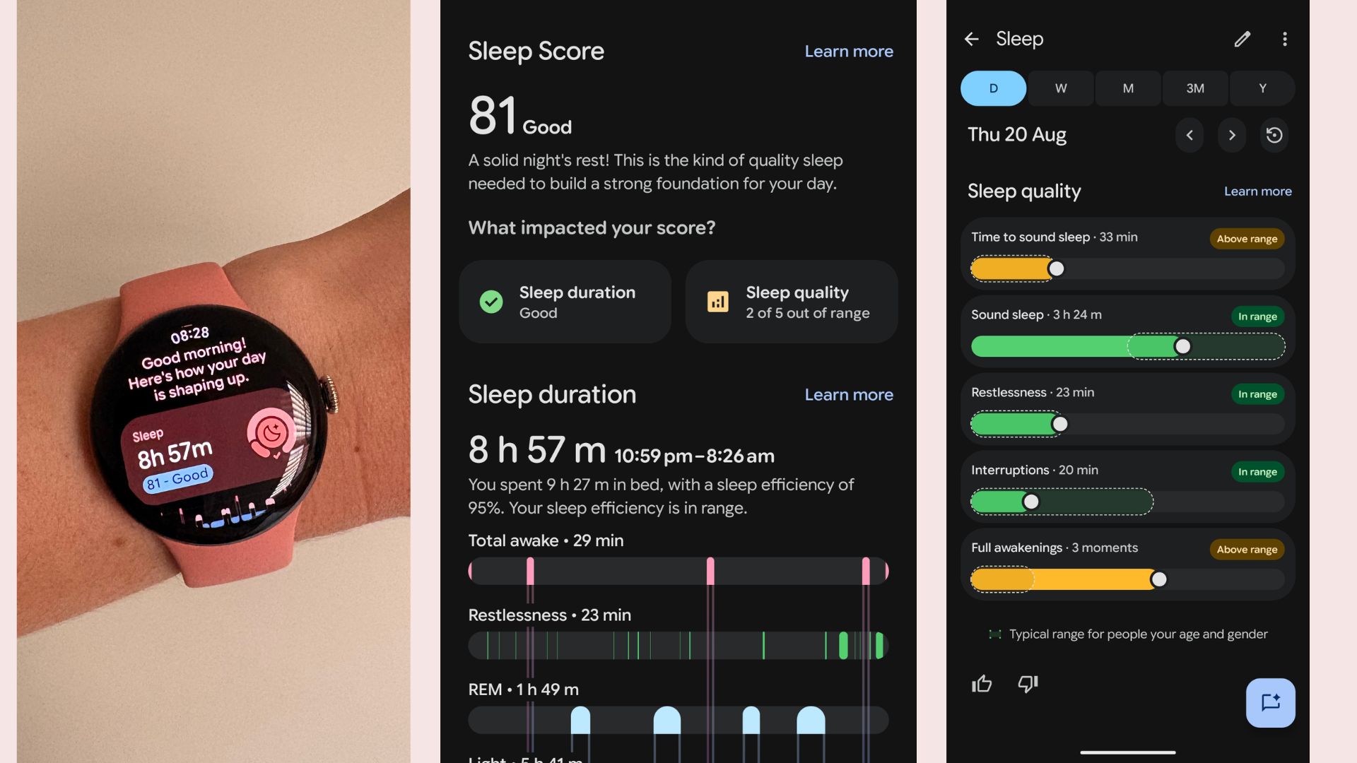 Grace Walsh wearing the Google Pixel Watch 5 on wrist with sleep data