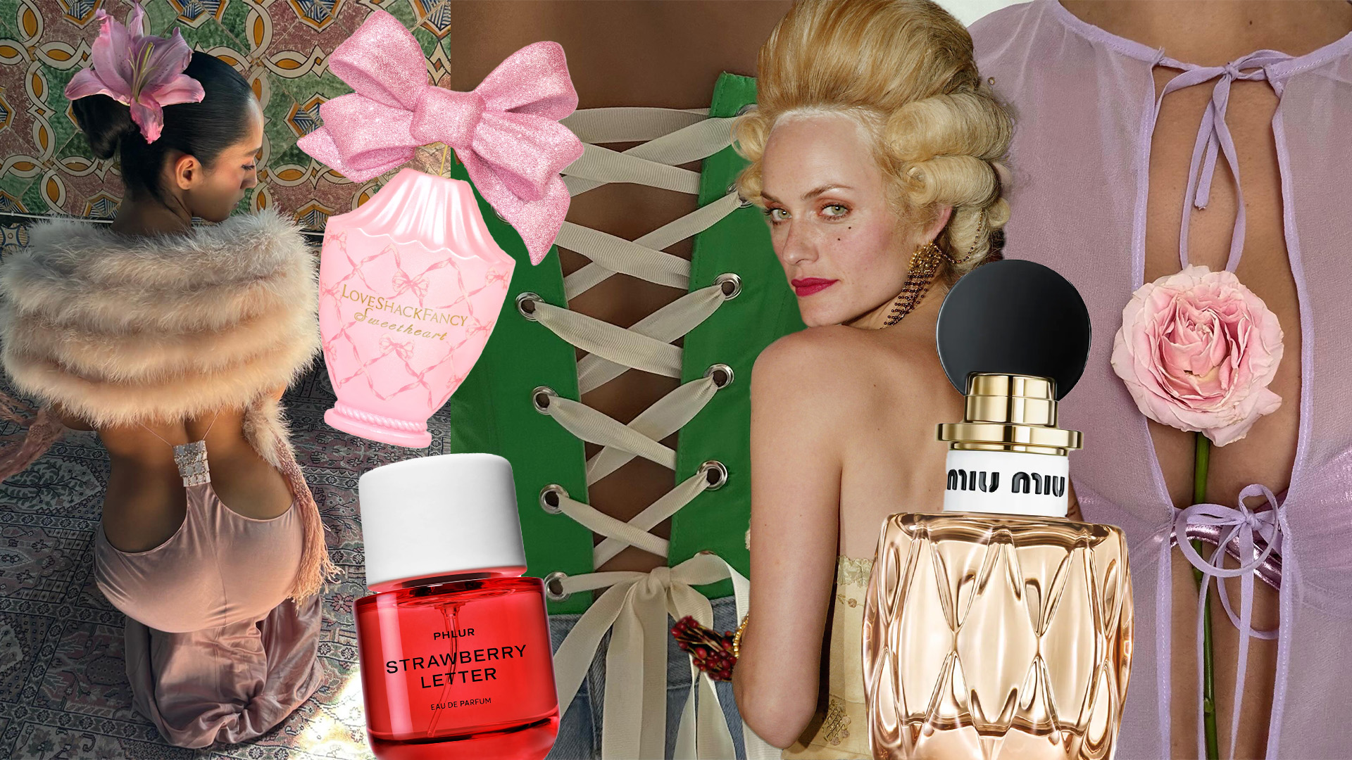A collage of images of women in corsets, Marie Antoinette-inspired wigs, and fur-lined or floral outfits with fruity gourmand perfumes laid on top.