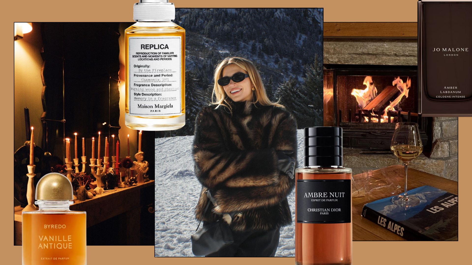 A collage with cosy pictures of fireplaces and crackling fires, with @cassdimicco in the snow wearing a furry jacket and sunglasses