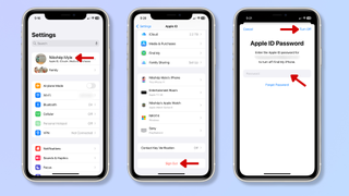The first screenshot shows the Settings on iPhone, with a red arrow pointing at the user's name. The second screenshot shows the Apple ID settings, with a red arrow pointing at the Sign Out button. The third screenshot shows a pop-up for inputting the Apple ID password, with red arrows pointing at the password bar and at Turn Off. 