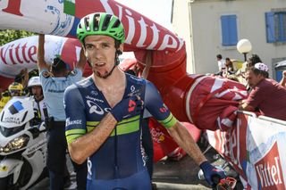 Adam Yates (Orica-BikeExchange) was on the attack when the 1km to go banner fell and hit him