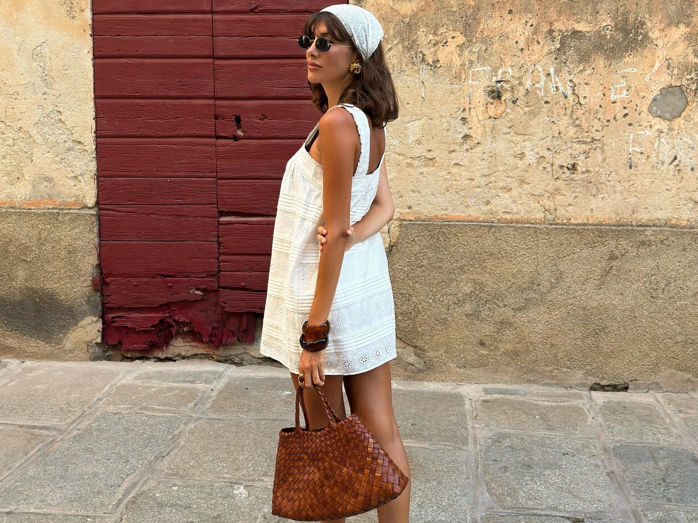 Julie Sergent Ferreri in a white Sezane dress