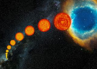 An artist's impression of the evolution of a Sun-like star, from its birth as a tiny protostar on the left, to its expansion into a red giant then a planetary nebula, on the right.