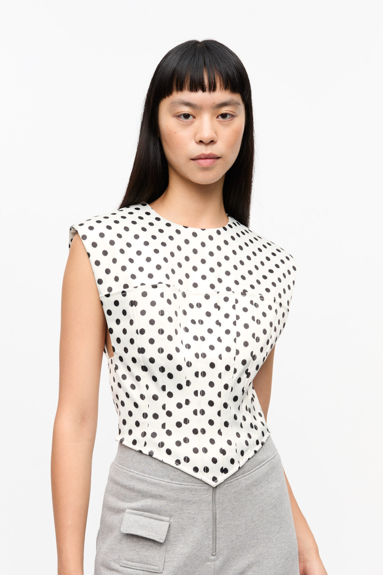 Ganni, Polka-Dot Satin Corset Blouse