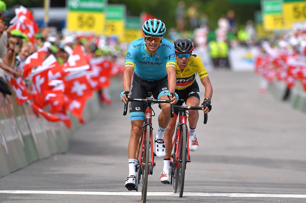 Jakob Fuglsang (Astana) and Richie Porte (BMC Racing) in the Yellow Leader Jersey stage 7 Tour de Suisse