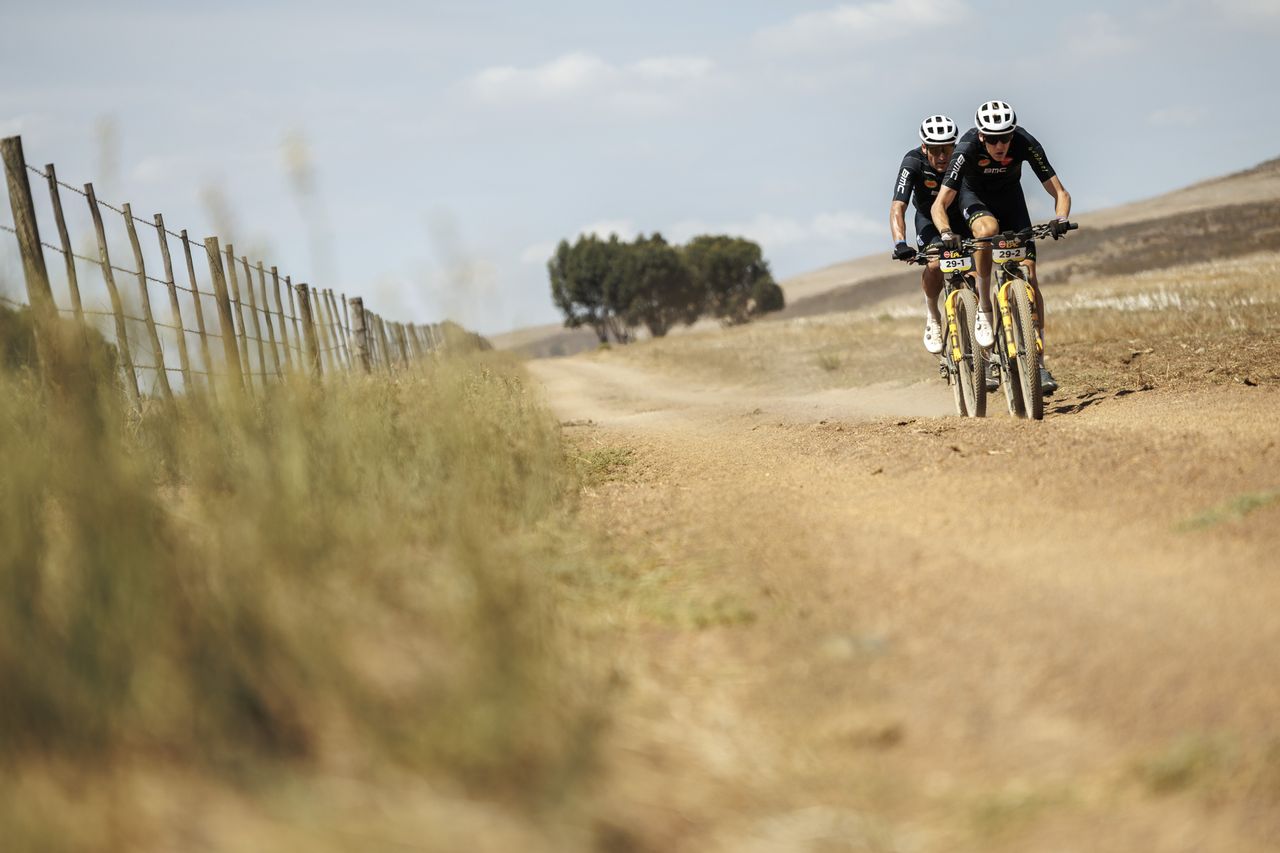 Julian SIEMONS and Greg van AVERMAET during the Prologue of the 2025 Absa Cape Epic Mountain Bike stage race held at Meerendal Wine Estate, Cape Town, South Africa on the 16th March 2025. Photo by Nick Muzik/Cape Epic