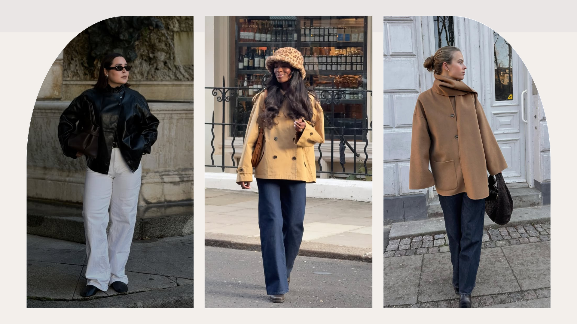 Influencers Liv Madeline, Indira C and Clara Dyrhauge wearing coats and jeans outfits.