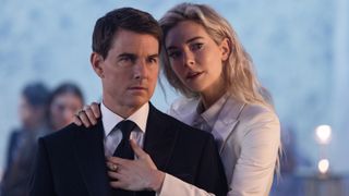 The White Widow wraps her arms around Ethan Hunt in Mission Impossible 7