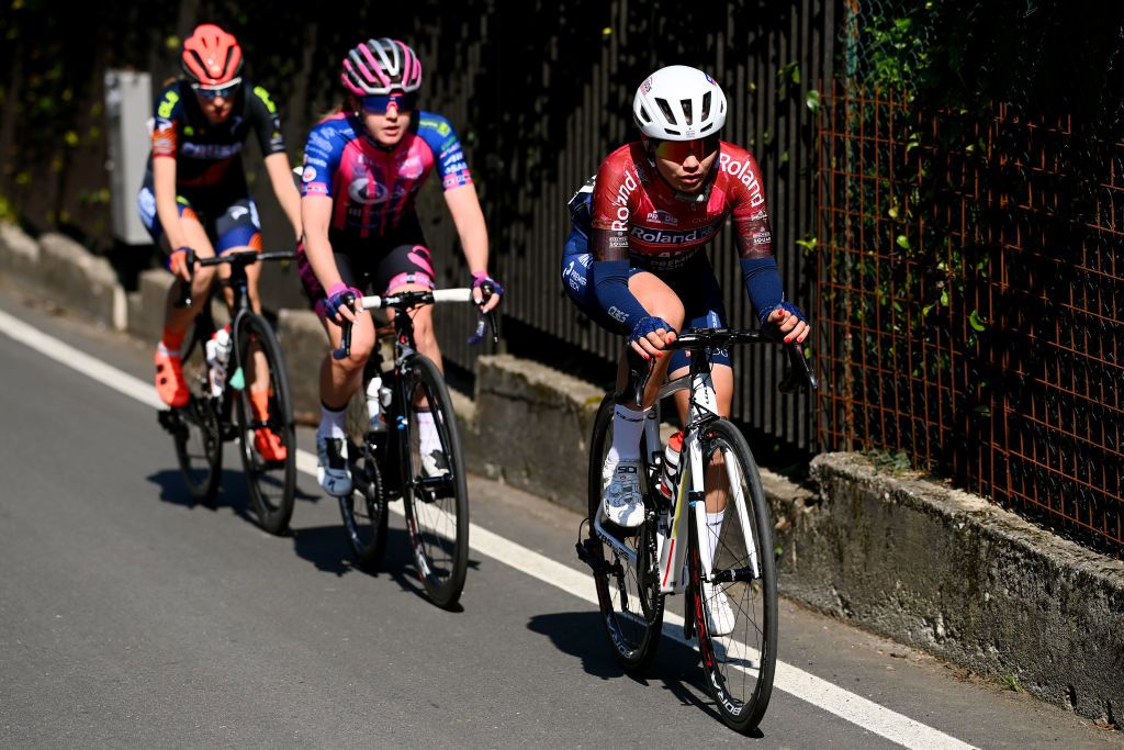 CITTIGLIO ITALY MARCH 20 Gulnaz Khatuntseva of Russia and Team Roland Cogeas EdelweissIsraelPremier Tech competes in the breakaway ahead of Michaela Drummond of New Zealand and Team Bepink and Giorgia Vettorello of Italy and Team Top Girls Fassa Bortolo during the 46th Trofeo Alfredo BindaComune di Cittiglio 2021 Womens Elite a 1418km one day race from Cocquio Trevisago to Cittiglio TrBinda UCIWWT on March 20 2022 in Cittiglio Italy Photo by Tim de WaeleGetty Images