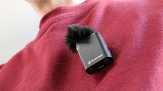 Sennheiser Profile Wireless microphone attached to sweatshirt