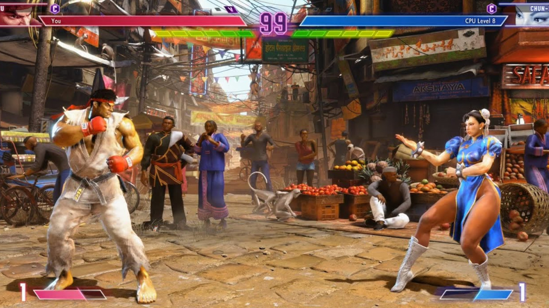 Chun-Li and Ryu in a fight during the game Street Fighter 5.