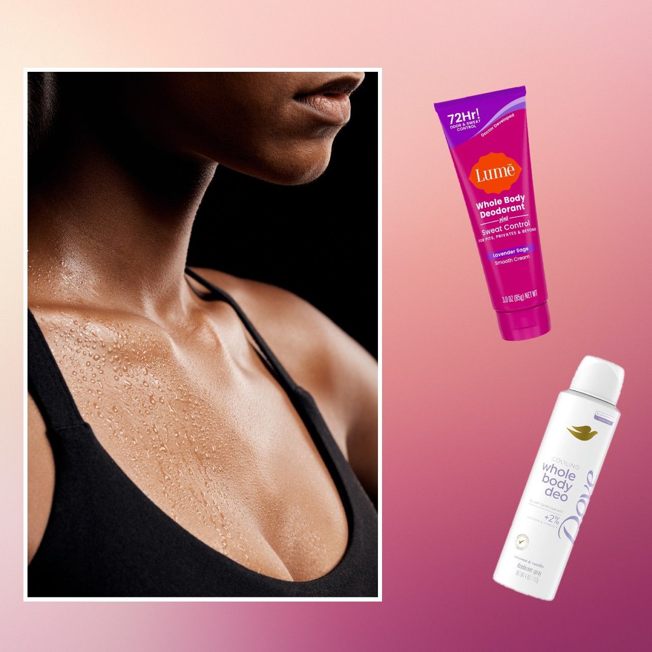 a collage featuring two bottles of whole body deodorant next to a woman visibly sweating