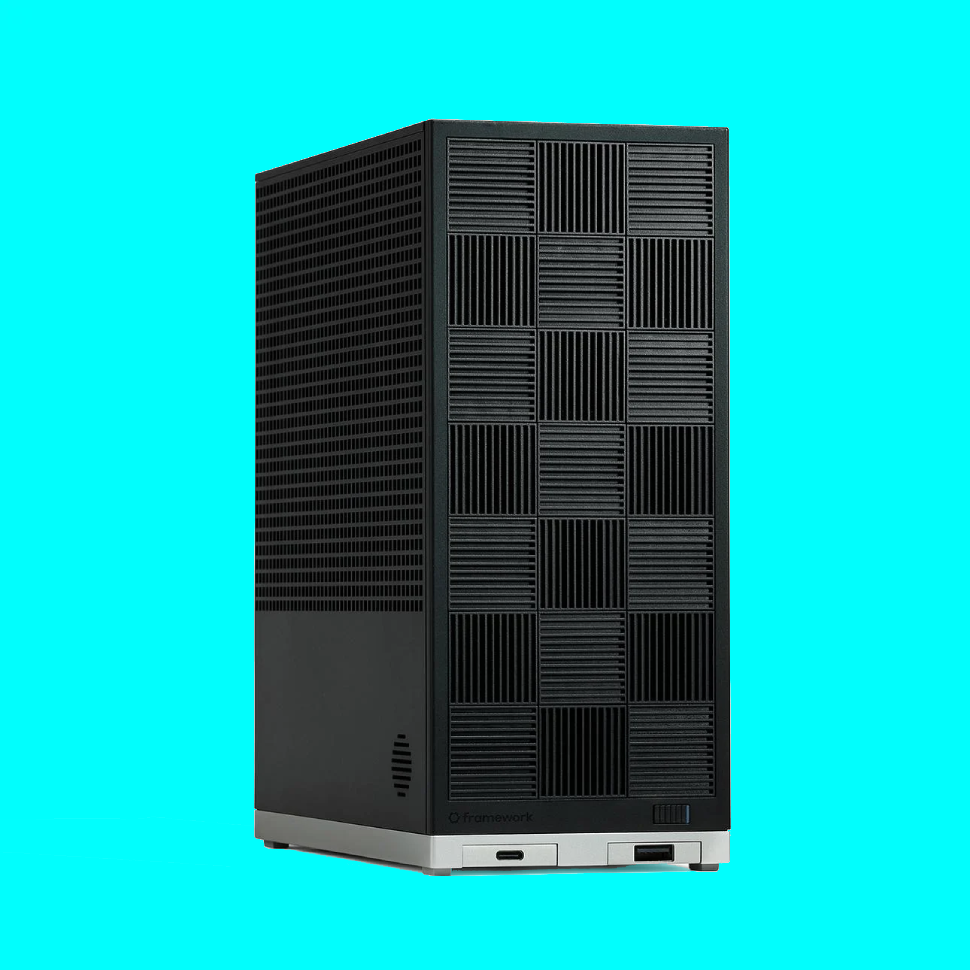 The Framework Desktop floats in a blue void