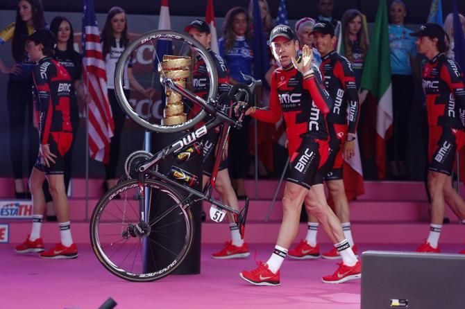 Cadel Evans leads the BMC team on stage