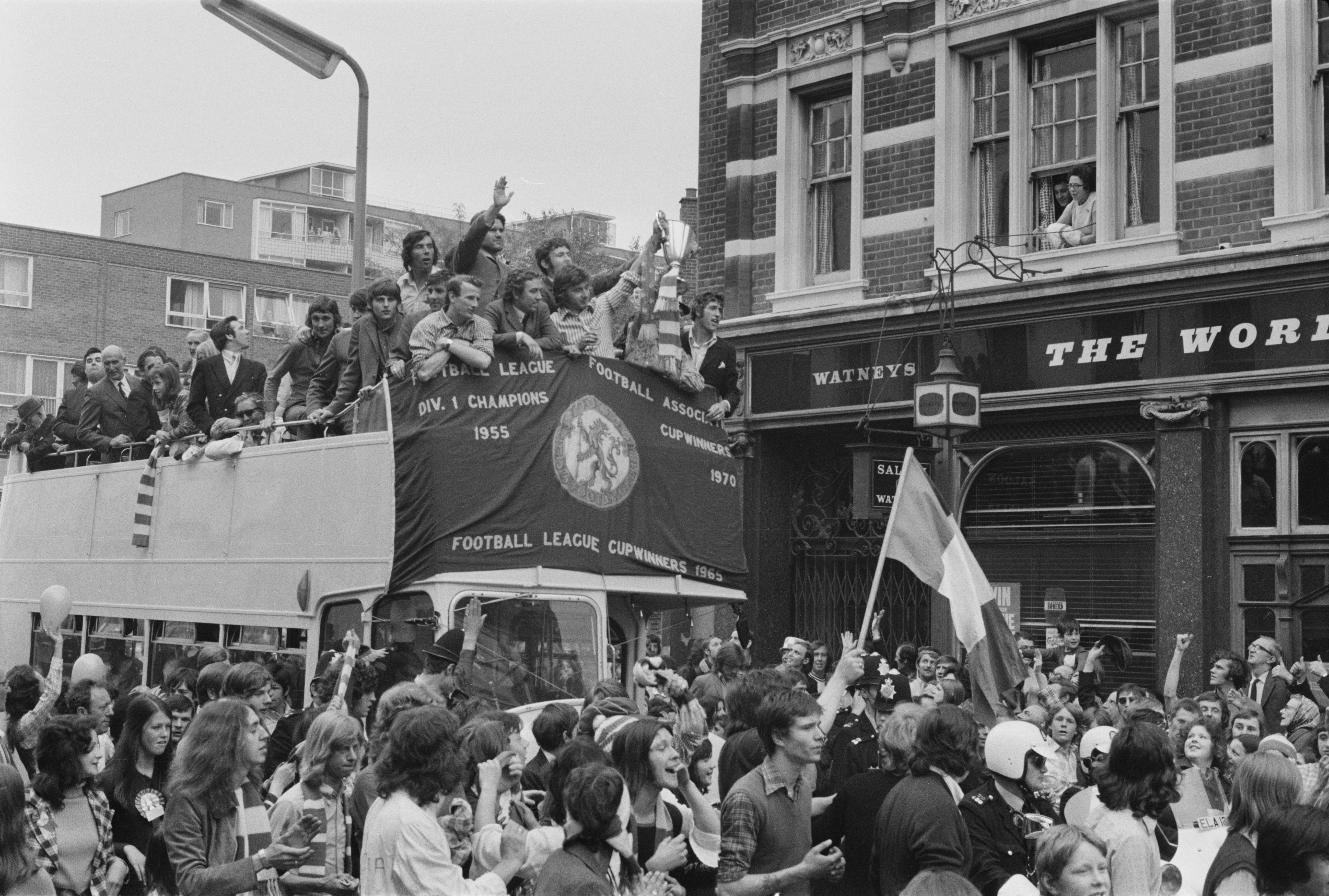 Chelsea players on a bus parade to celebrate the club's UEFA Cup Winners' Cup win in May 1971.