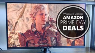 Alienware AW2725DF monitor displaying Astarion from Baldur's Gate 3. A graphic on the image reads, "Windows Central Amazon Prime Day Deals."
