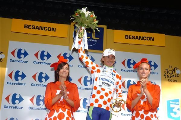 Franco Pellizotti (Liquigas) collects the polka dot jersey for the second day in a row