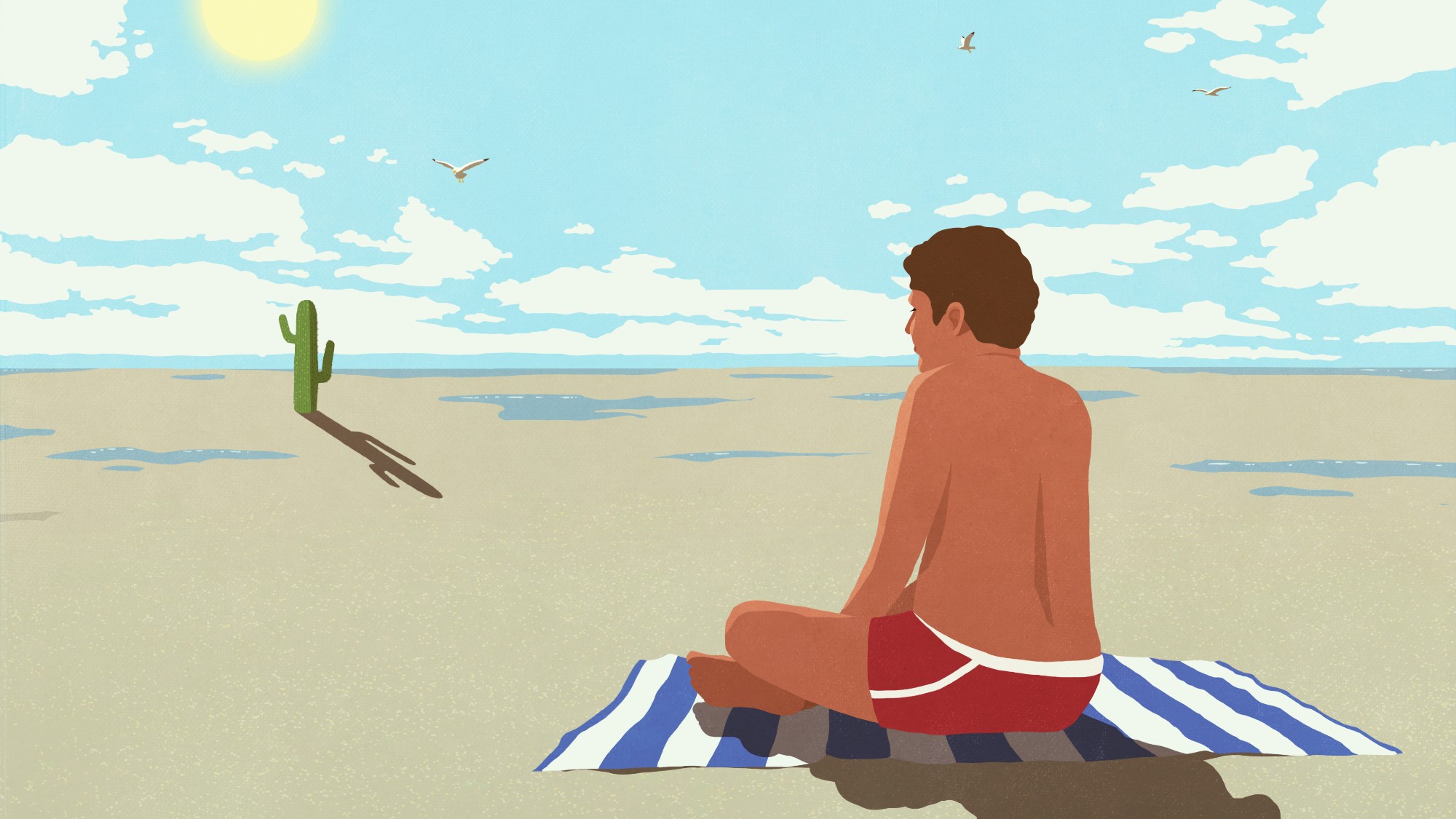 illustration of a man in swim trunks with his back towards us. he sits on a beach towel in a desert. a long cactus is in the background