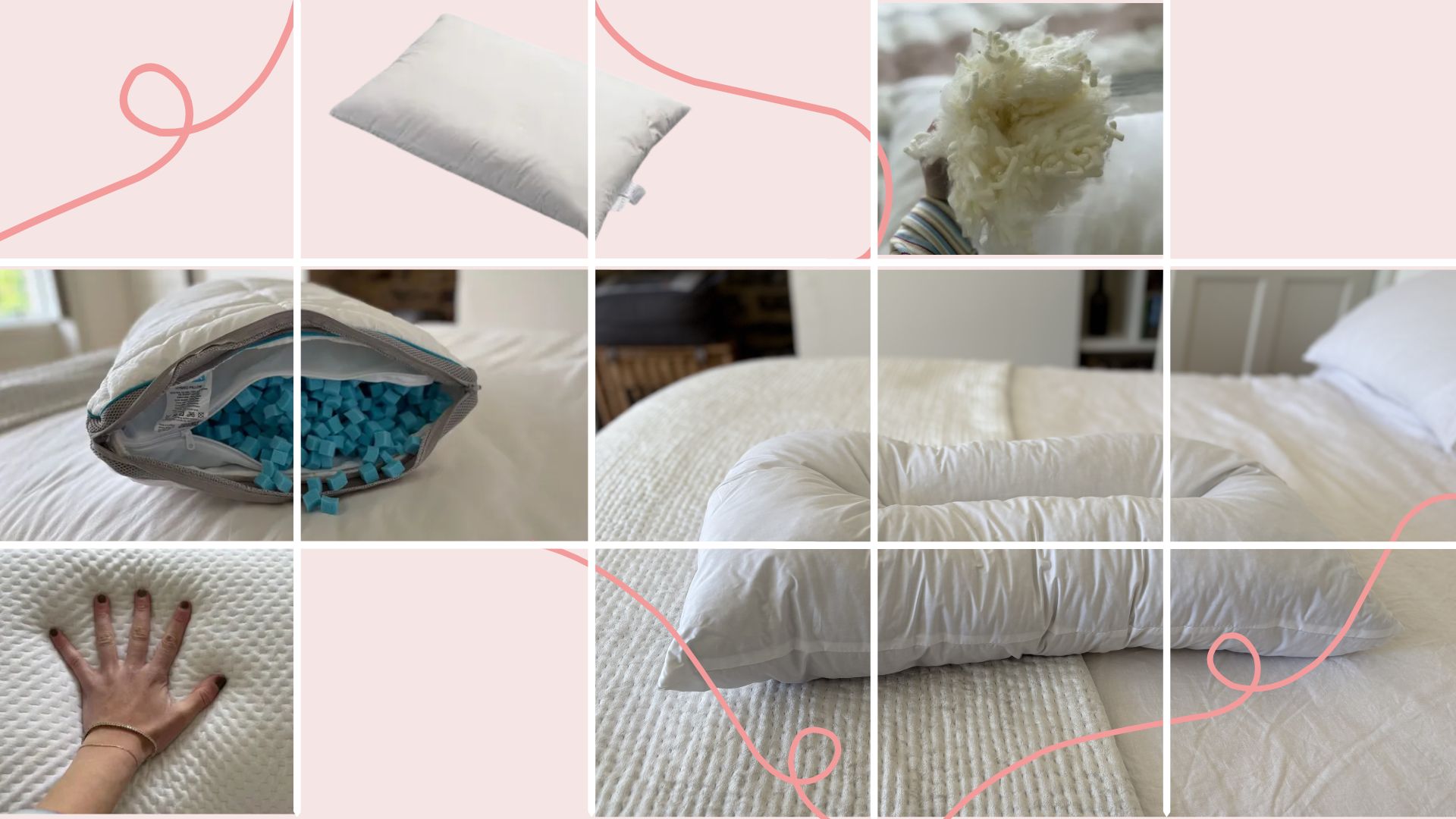 A selection of the best pillow for side sleepers - the Naturalmat, the Simba and the Eli &amp; Elm on a pink background