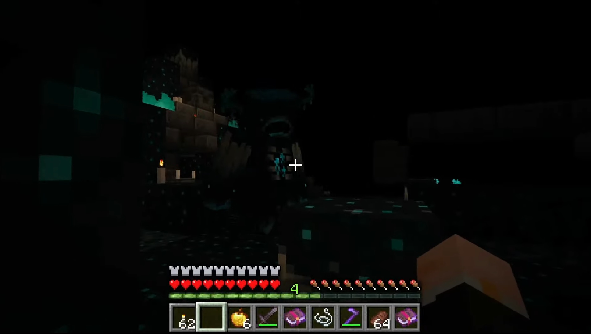 Minecraft - in a very dark Deep Dark ancient city, a Warden towers over the player with a glowing teal heart
