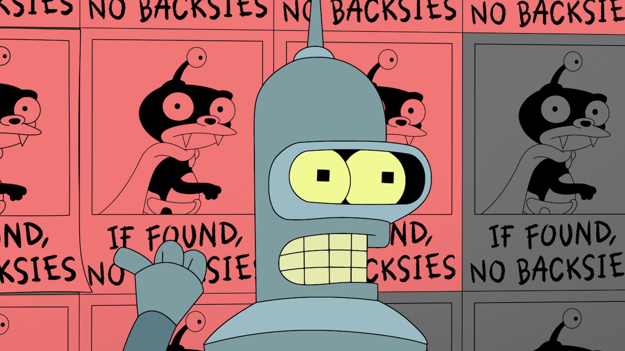 Bender pointing to signs of Nibbler saying "If Found, No Backsies" in Futurama Season 12