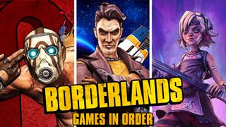 Split image showing three characters from the Borderlands games: On the left, a bandit from Borderlands, pointing his hand at his head like a gun. In the middle, Handsome Jack stood with his arms crossed, wearing a leather jacket. On the right, Tiny Tina wielding a large axe.