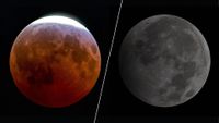 Two full moons are shown side by side in a black sky divided by a white line. The left full moon is red as Earth's shadow falls upon it during an eclipse.