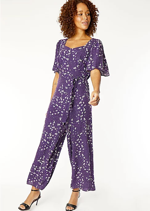 George Purple Floral Print Angel Sleeve Jumpsuit