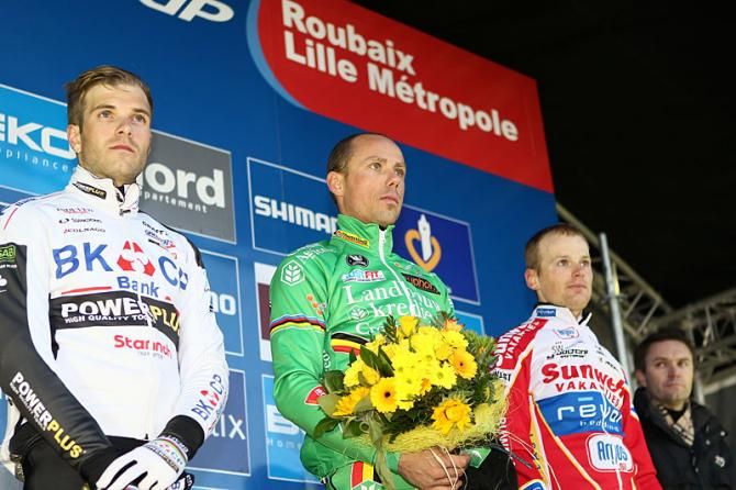 Elite men's Roubaix podium: Niels Albert, Sven Nys, Kevin Pauwels