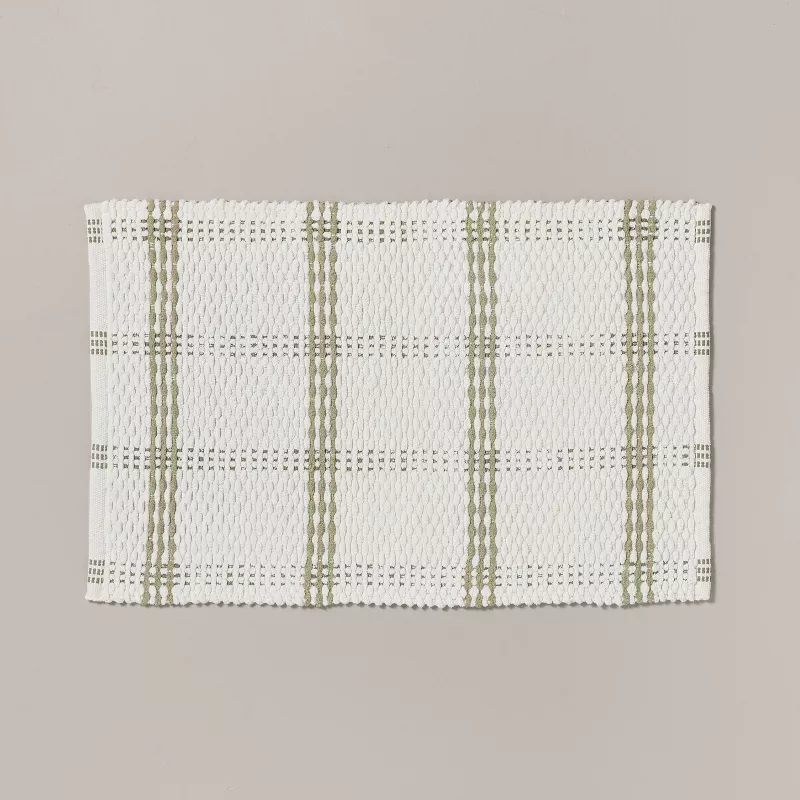 20"x32" Open Plaid Bath Rug Green/cream - Hearth & Hand™ With Magnolia: Woven Cotton, Machine Washable
