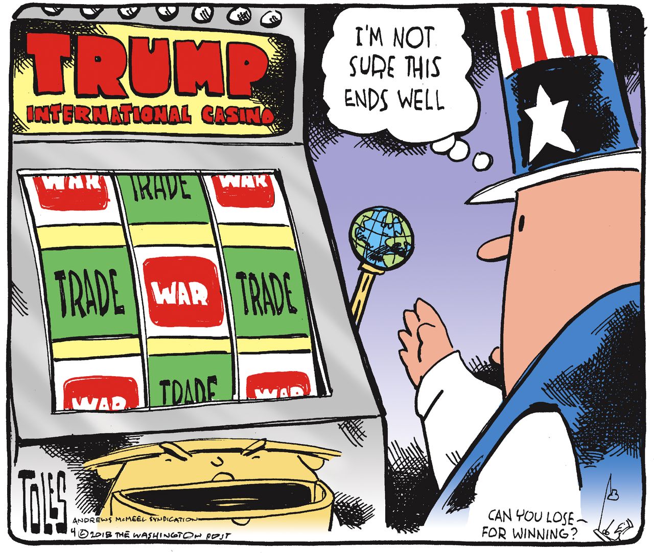 Political cartoon U.S. Trump China trade war tariffs slot machine Uncle Sam