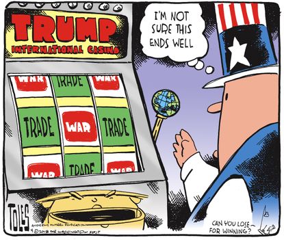 Political cartoon U.S. Trump China trade war tariffs slot machine Uncle Sam
