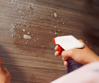 Close-up of woman hand cleaning the surface of a wood table with a cleaning cloth at home