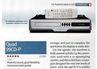 Page from What Hi-Fi? magazine featuring the Quad 99CD-P