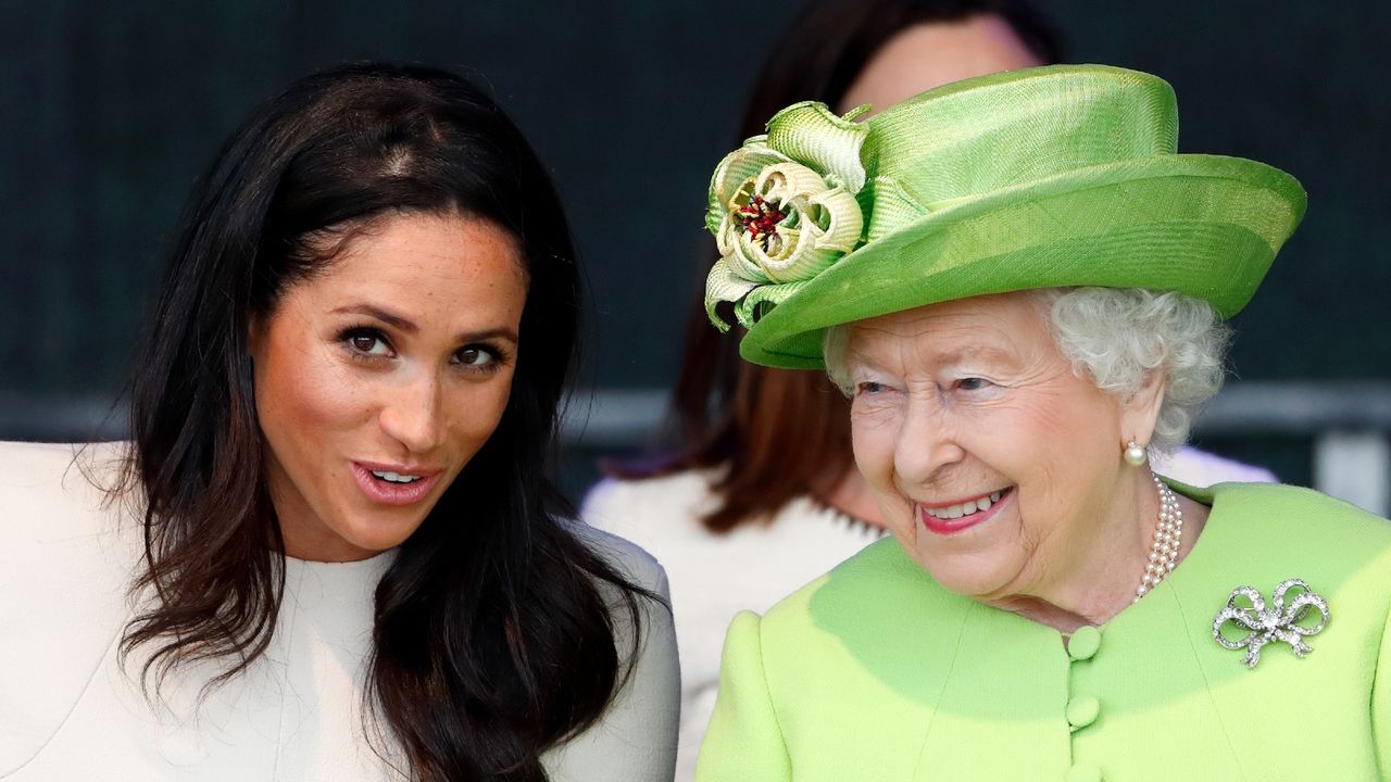 WIDNES, UNITED KINGDOM - JUNE 14: (EMBARGOED FOR PUBLICATION IN UK NEWSPAPERS UNTIL 24 HOURS AFTER CREATE DATE AND TIME) Meghan, Duchess of Sussex and Queen Elizabeth II attend a ceremony to open the new Mersey Gateway Bridge on June 14, 2018 in Widnes, England. Meghan Markle married Prince Harry last month to become The Duchess of Sussex and this is her first engagement with the Queen. During the visit the pair will open a road bridge in Widnes and visit The Storyhouse and Town Hall in Chester. (Photo by Max Mumby/Indigo/Getty Images)