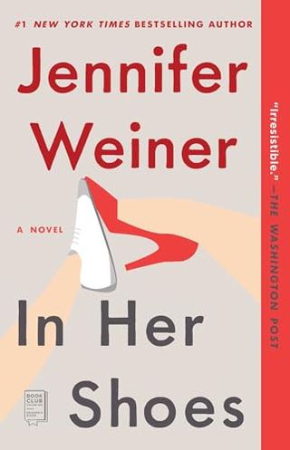 'In Her Shoes' book cover with a foot in a sneaker pressing against a shoe in a red high heel