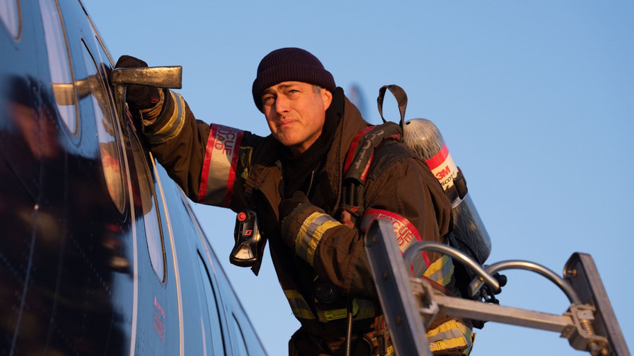 Severide breaching the airplane in One Chicago's 2026 crossover