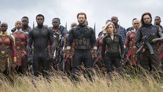 Black Panther, Captain America, Black Widow, Bucky Barnes, surrounded by the Wakandan army in Avengers: Infinity War