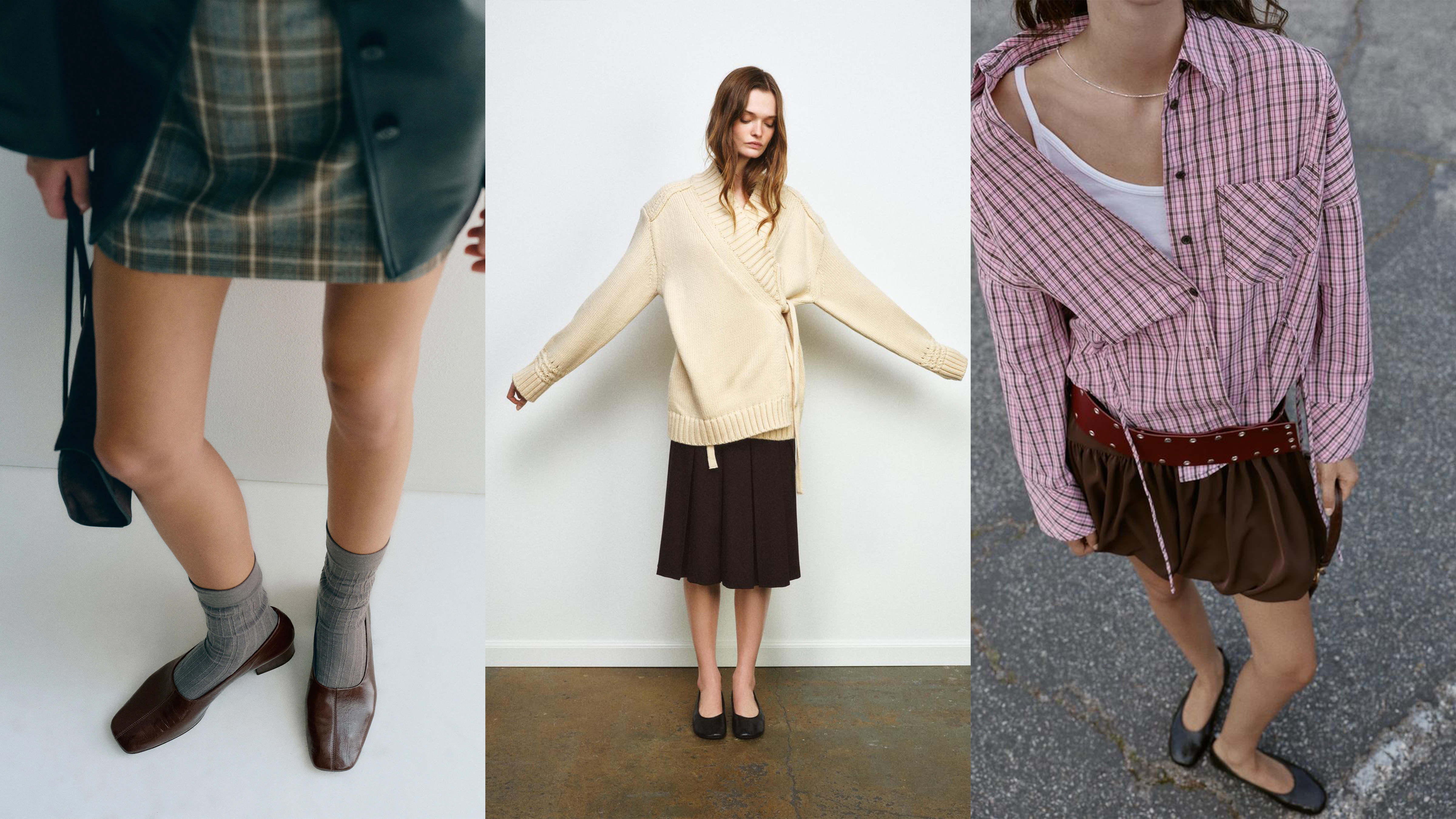 Models wearing Reformation Inez Pumps, Zara Multi-Positional Plaid Shirt, and Zara Knit Kimono Wrap Jacket.