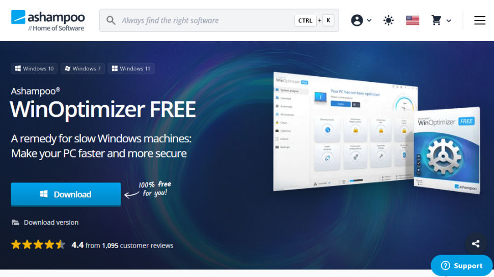 Ashampoo WinOptimizer website screenshot (February 2026)