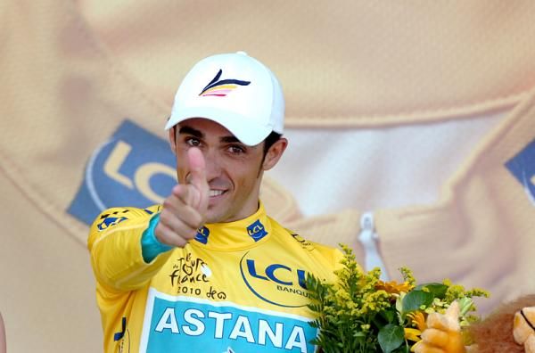 Alberto Contador (Astana) practices his salute from the podium.