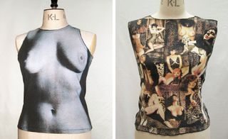 Left image, 'Breasts' T-shirt, Right image, 'Fetish' T-shirt