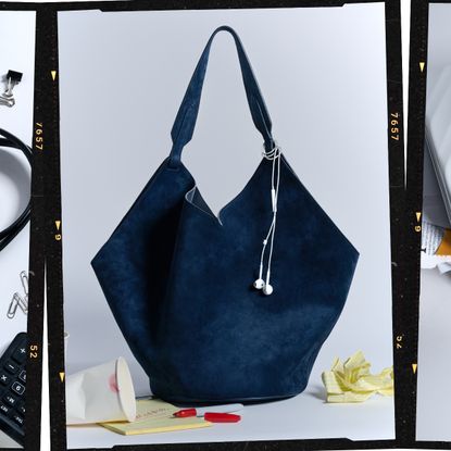  A collage of work bags, including a black bag, blue tote bag, and silver briefcase