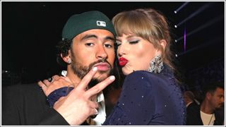 Bad Bunny and Taylor Swift pose together, with Taylor going to kiss Bad Bunny's cheek as they attend the 65th GRAMMY Awards at Crypto.com Arena on February 05, 2023 in Los Angeles, California.