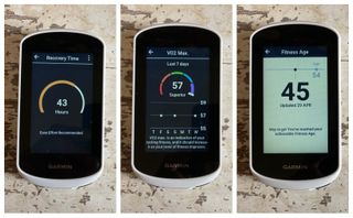 Recovery time, VO2 Max and Fitness Age screen displays on the Garmin Edge Explore 2