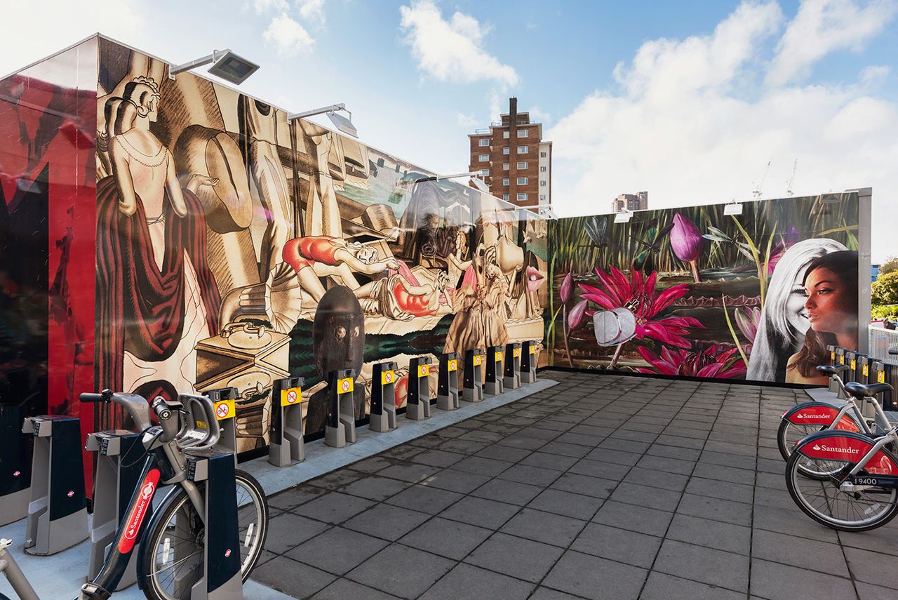 The Bower of Bliss, 2018, by Linder, collaged mural at Southwark station