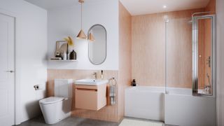 bathroom with pin walls and pendant light over basin
