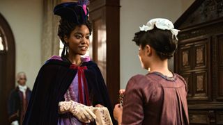 Arsema Thomas as Young Agatha Danbury, Peyvand Sadeghian as Coral in episode 106 of Queen Charlotte: A Bridgerton Story