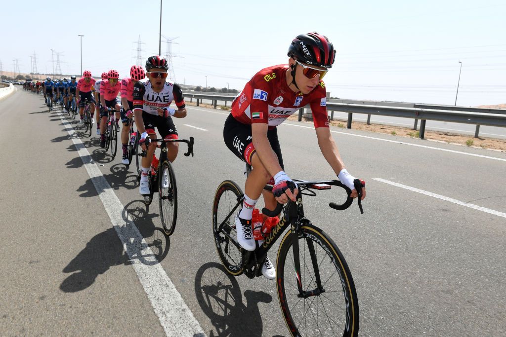 AL AIN UNITED ARAB EMIRATES FEBRUARY 23 Rafal Majka of Poland adej Pogacar of Slovenia and UAE Team Emirates Red Leader Jersey during the 3rd UAE Tour 2021 Stage 3 a 166km stage from Al Ain Strata Manufacturing to Jebel Hafeet 1025m UAETour on February 23 2021 in Al Ain United Arab Emirates Photo by Tim de WaeleGetty Images