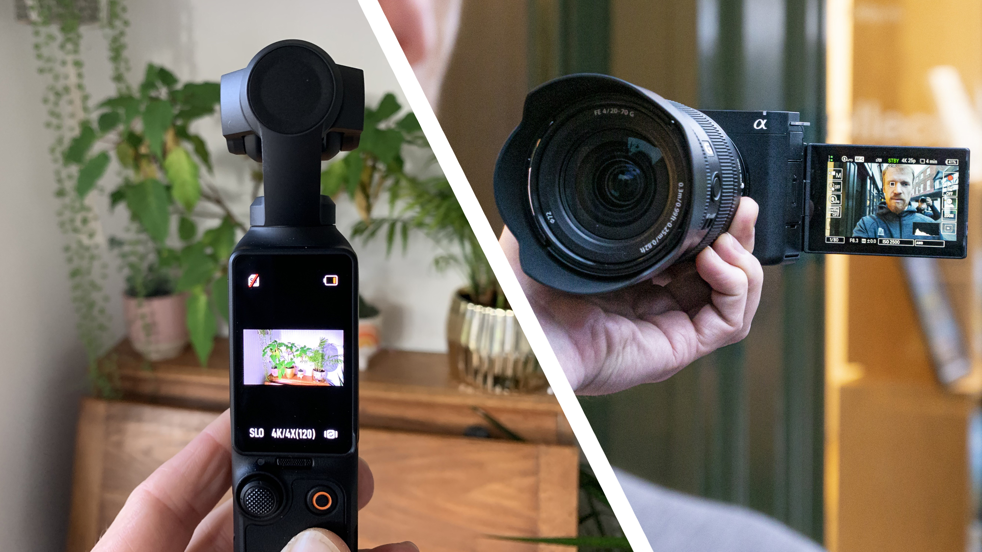 DJI Osmo Pocket 3 camera in the hand (left), Sony ZV-E1 shooting a selfie with its screen flipped out (right)